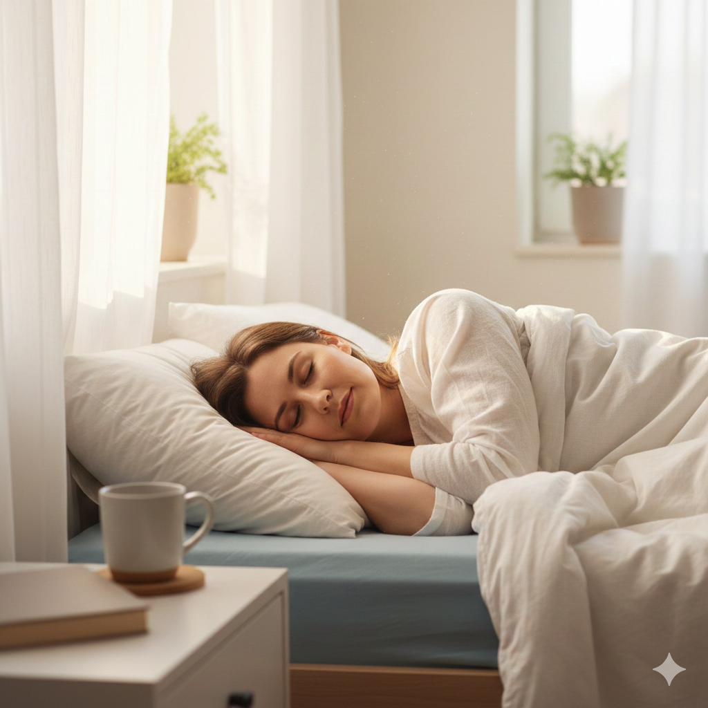 朝の光の中で穏やかに眠る女性のイメージ